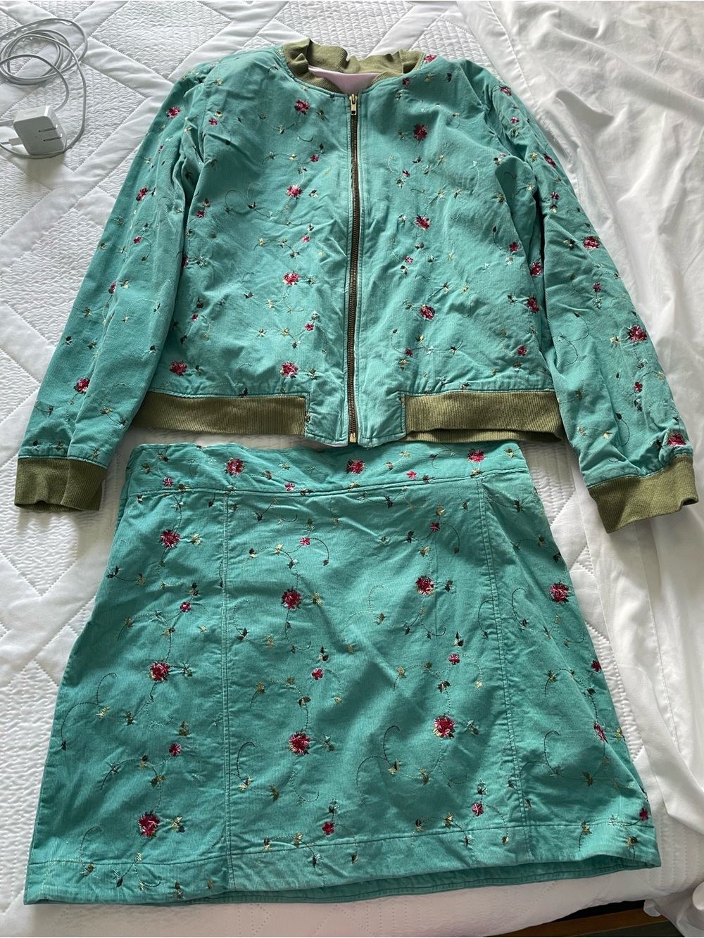 Teal Floral Embroidered Handmade Bomber Jacket and mini Skirt Set M